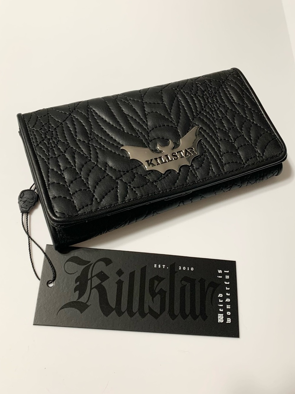Killstar Metal Bat Plaque Spiderweb Goth Vamp Vegan Leather Wallet NEW 7-1/2”x4”